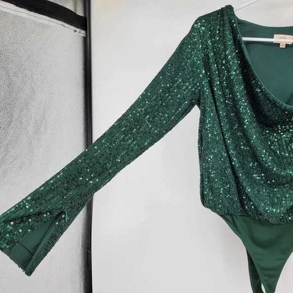 NWT Revolve Camila Coelho CeCe Emerald Green Sequin Draped Bodysuit Glam Party S - Picture 8 of 11